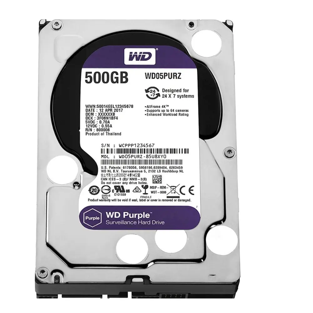DISCO DURO 500GB WESTERN DIGITAL PURPLE VIDEO VIGILANCIA 24/7