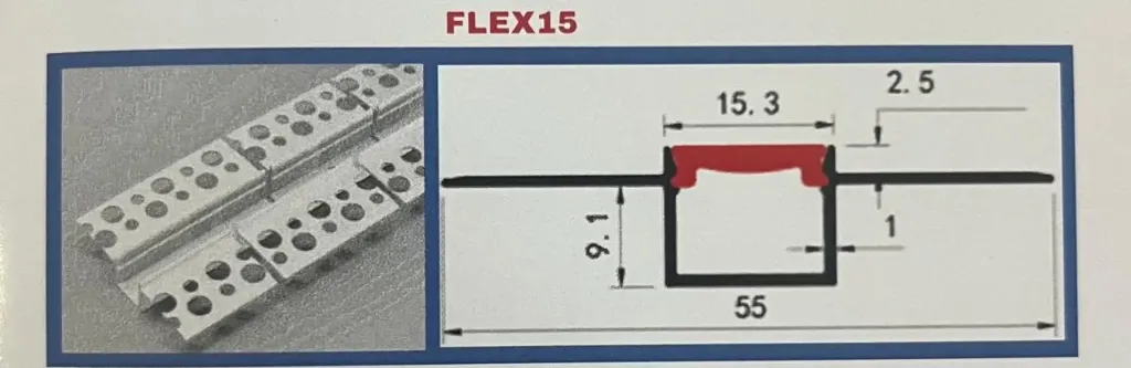 PERFIL DE ALUMINIO FLEXIBLE FLEX15 (empotrable) DIFUSOR DE SILICON