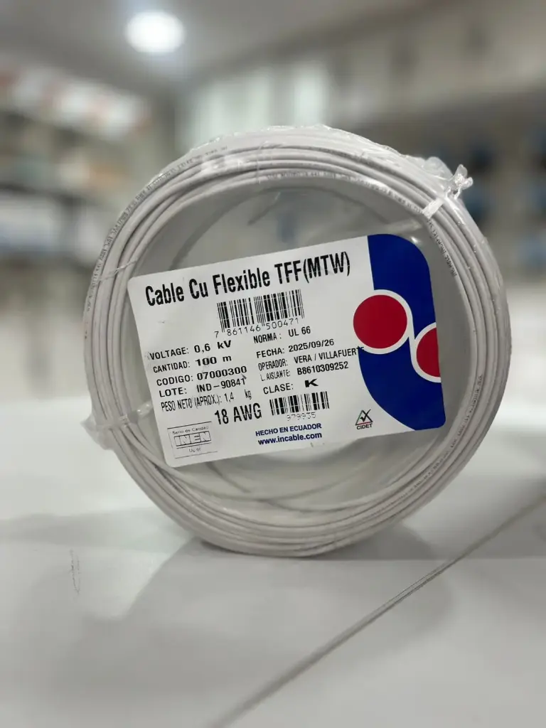 [07000300] Cable Cu Flexible THHN/THWN 18  AWG 600 V 90 ºC Rollo 100 m (Blanco) 