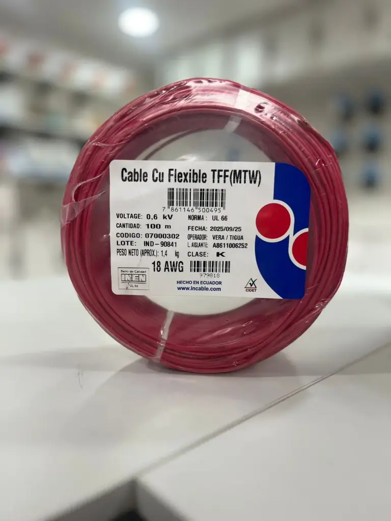 [07000302] Cable Cu Flexible THHN/THWN 18  AWG 600 V 90 ºC Rollo 100 m (ROJO) 