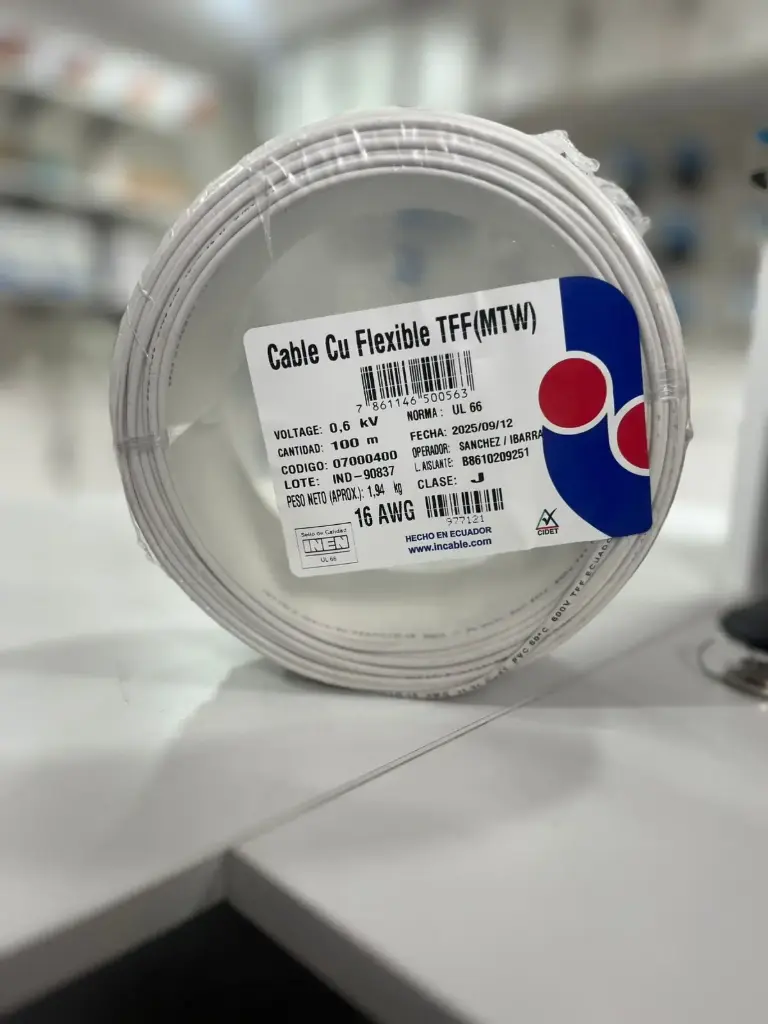 [07000400] Cable Cu Flexible THHN/THWN 16  AWG 600 V 90 ºC Rollo 100 m (Blanco) 