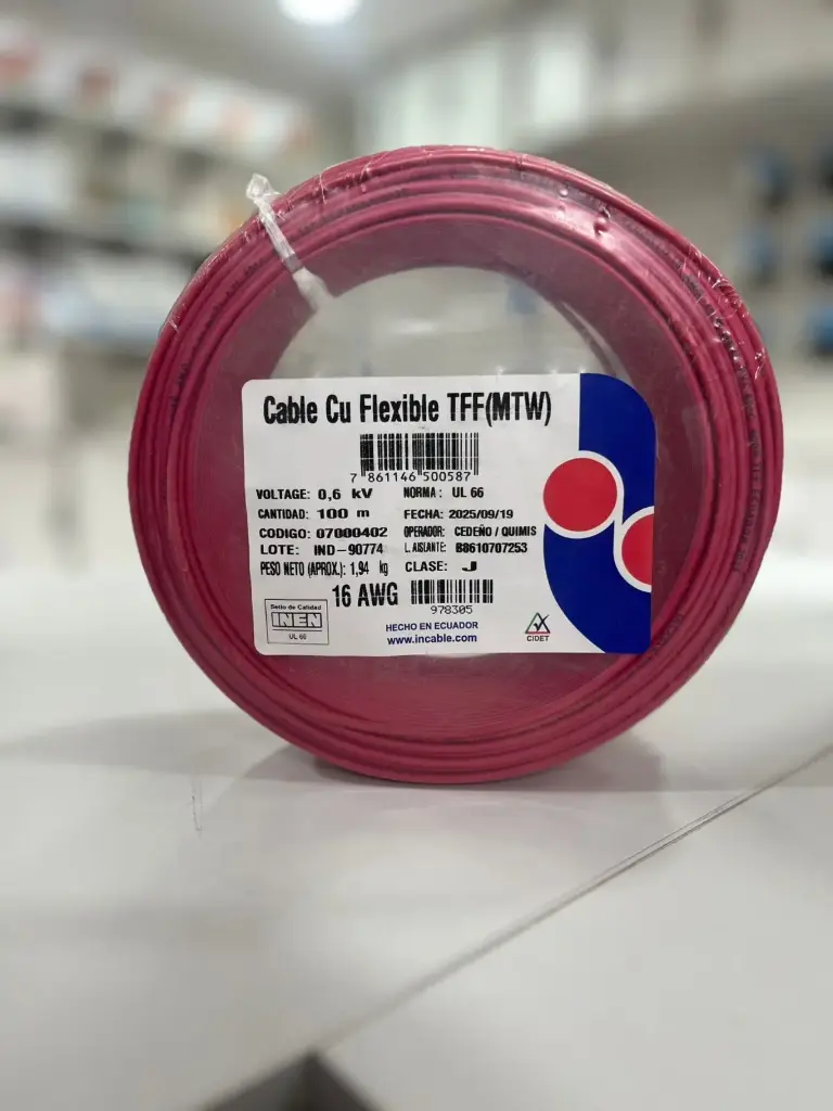 [07000402] Cable Cu Flexible THHN/THWN 16  AWG 600 V 90 ºC Rollo 100 m (ROJO) 