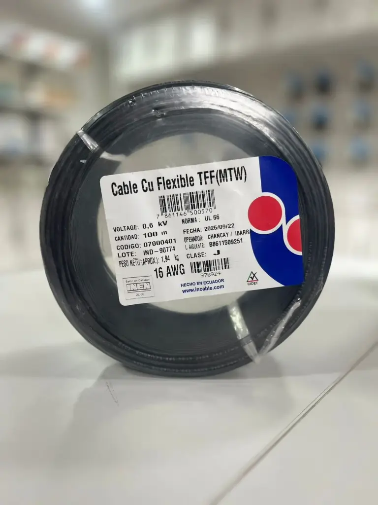 [07000401] Cable Cu Flexible THHN/THWN 16  AWG 600 V 90 ºC Rollo 100 m (negro) 
